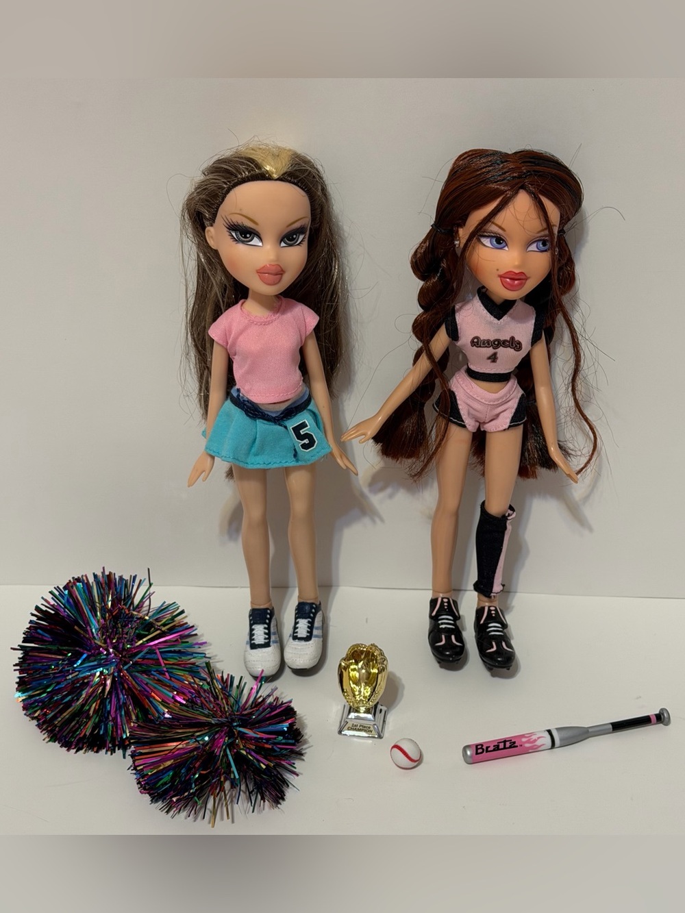 Lot of 2 Bratz Dolls Campfire Phoebe and Rock Angelz Cloe w/ Play Sportz outfits
